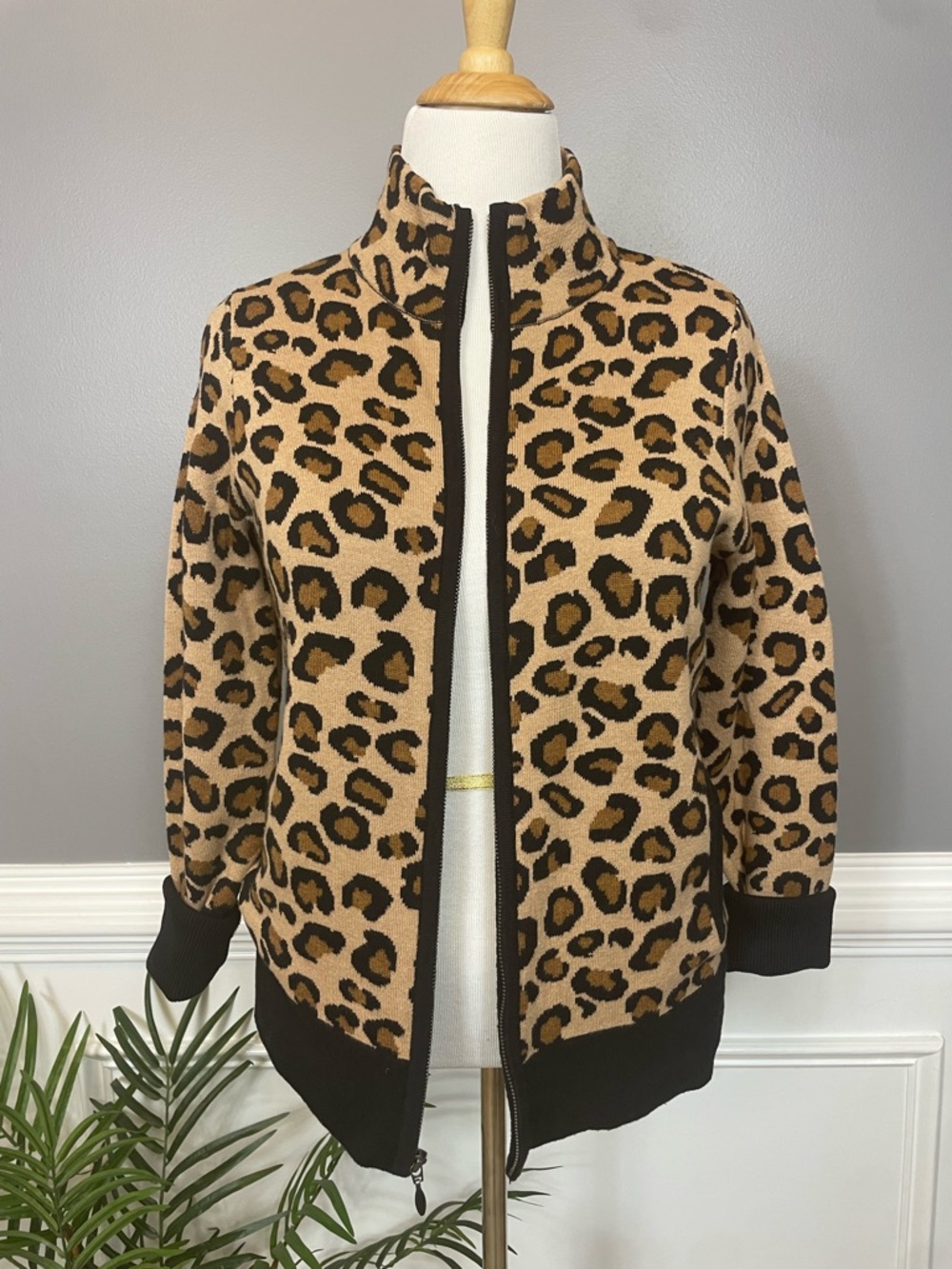 Rachel Zoe Leopard Zip-Up Cowl Sweater - Tan & Black - Picture 3 of 5